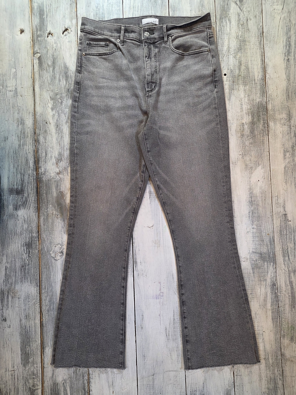LOFT Women's Gray Kick Flare Cropped Jeans W/ Raw Hem sz 12